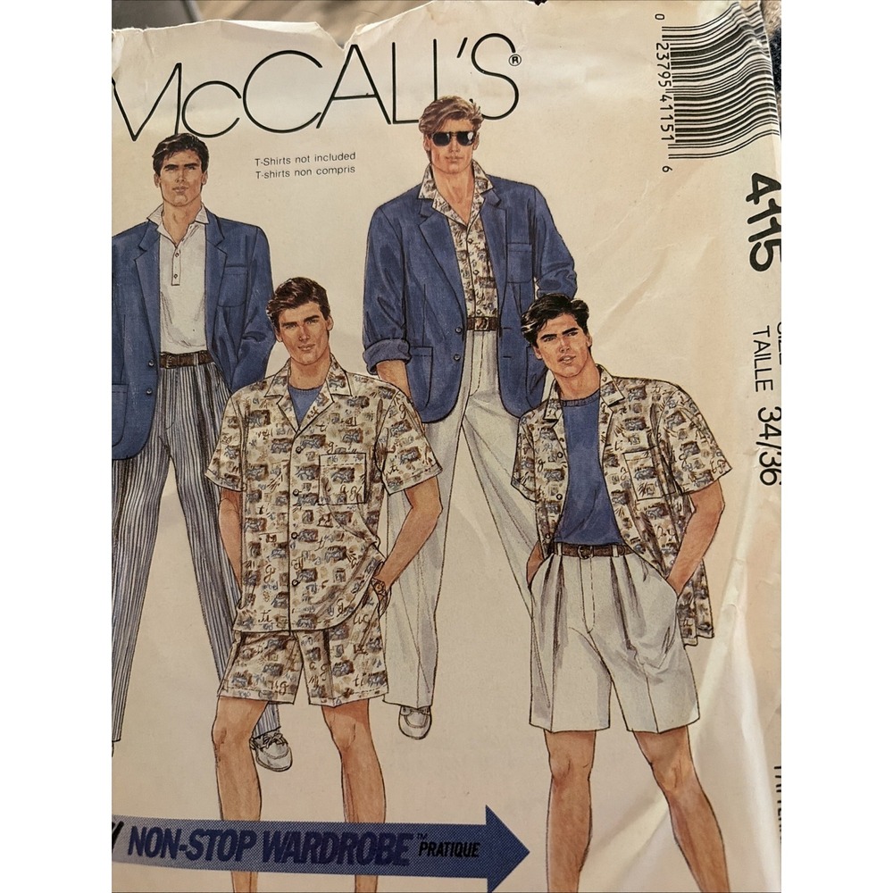 Vintage McCalls 4115 Mens Suit Sewing Pattern Uncut Jacket Shirt Pants 34 36